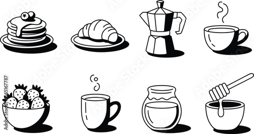 Black and White Breakfast Food and Drink Icons Set
