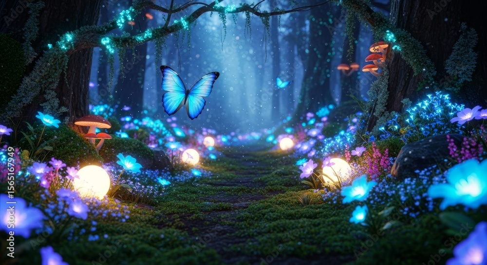 Fototapeta premium Enchanting Glowing Forest Path - Magical forest path at night, glowing flowers, mushrooms, and a blue butterfly. Fantasy, fairytale scene