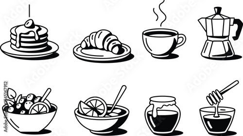 Black and White Breakfast Food Icons Croissant Pancakes Coffee Honey