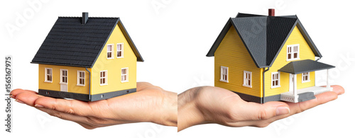  Small Yellow House Model with Black Roof Resting on Open Palm, isolated on transparent background