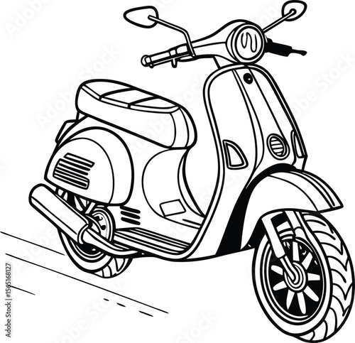 A detailed, clean line drawing of a classic scooter.