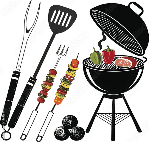 Barbecue illustration featuring grilling tools skewers vegetables and a charcoal grill for outdoor cooking.
