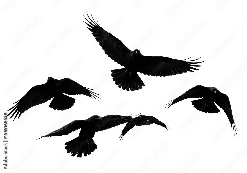 Fototapeta premium Flock of Crows in Flight Silhouette - Five crows in flight, silhouetted against a white background. Symbolizing freedom, mystery, intelligence, darkness, and ominous presence