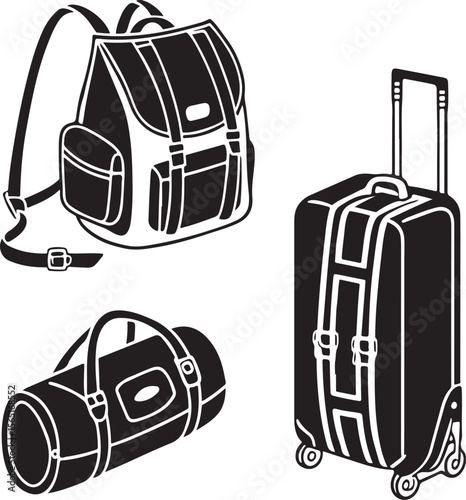 Black and white vector illustrations of backpack duffel bag and rolling suitcase for travel