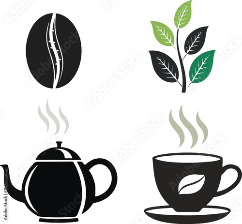 Coffee and tea elements vector illustration with bean leaves teapot and steaming cup