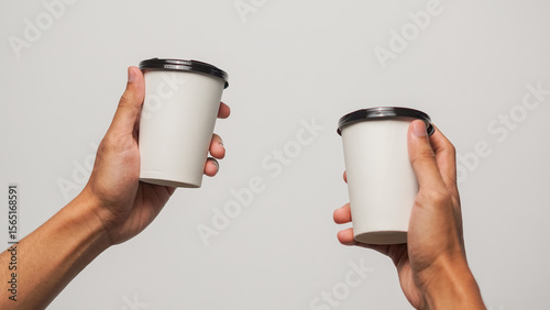 Hands holding two blank white paper coffee cups with black lids, isolated on a clean light background for branding.