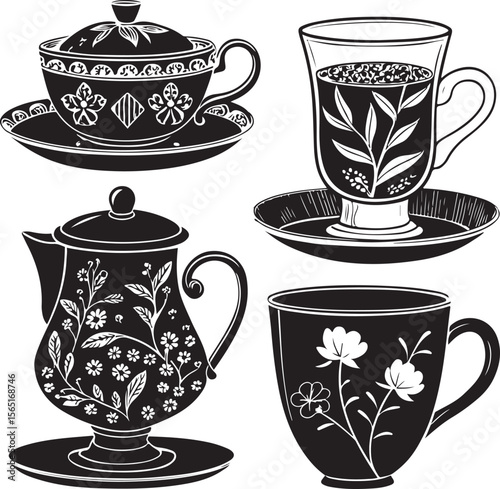 Decorative tea cups and teapot black and white vector illustrations isolated on white background