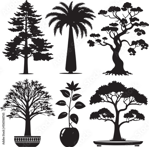 Diverse collection of silhouetted tree illustrations showcasing pine palm and bonsai varieties with white background