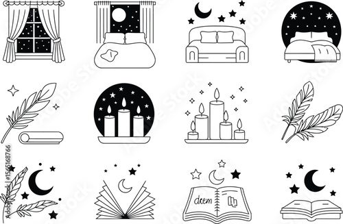 Nighttime Sleep Icons Moon Stars Candles Feathers Bed Window Book