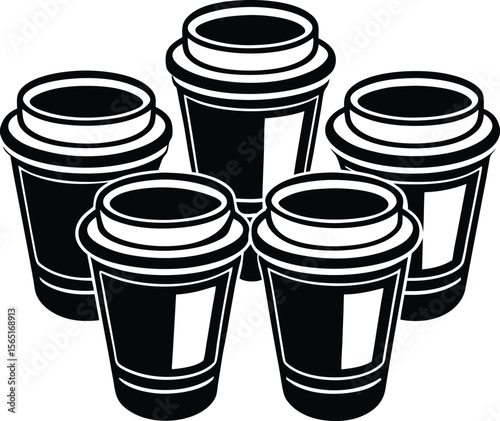 Set of coffee cups with lids, isolated on white, perfect for hot beverage takeaways from a cafe, multiple, collection, plain, minimalist, art