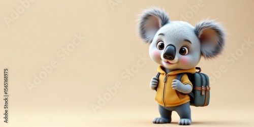 A cute cartoon koala wearing a yellow jacket and carrying a backpack stands against a plain background. The koala has large ears and a friendly expression.
