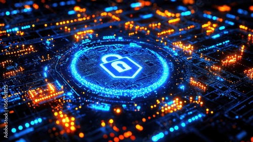 A digital circuit board with glowing blue and orange lights. A prominent blue padlock symbol is at the center, representing cybersecurity and data protection.