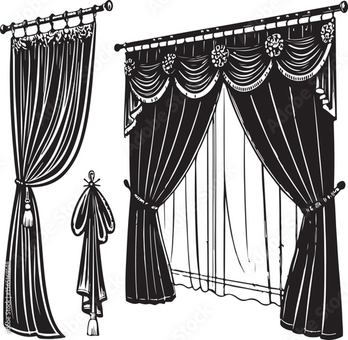Elegant black and white vector illustrations of vintage window drapes and curtains