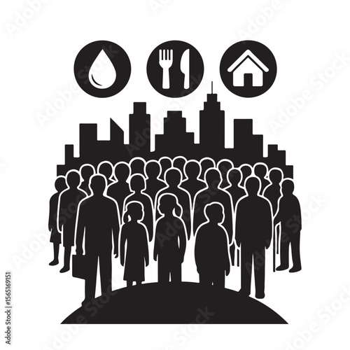 Urban Population Silhouette with Basic Human Needs Icons Water Food Shelter