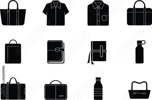 Black Silhouette Icons of Bags Clothes and Bottles