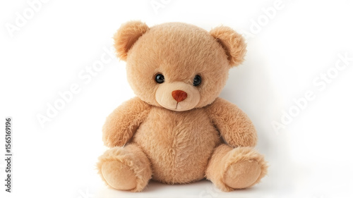 Beige teddy bear in soft lighting on a white background, representing warmth and childhood memories.