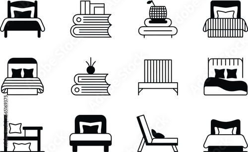 Black and White Bedroom Furniture Icons Set Beds Pillows