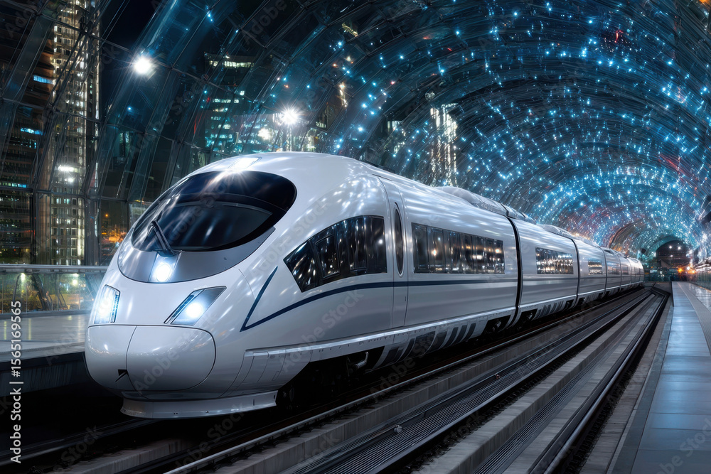 Fototapeta premium High-speed train arriving at a modern city station under a starry night sky
