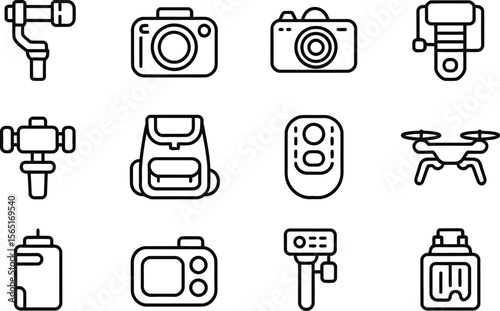 Black and White Camera Equipment Icons Set drone gimbal