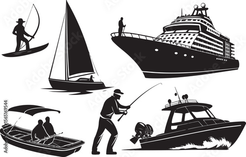Vector illustration of various recreational and commercial watercraft in black and white
