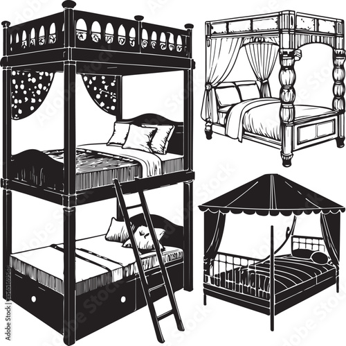 Vector illustration of various elegant beds including canopy and bunk bed designs