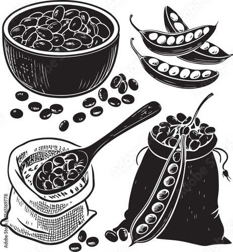 Black and white vintage illustration of healthy beans in a bowl spoon and bag.
