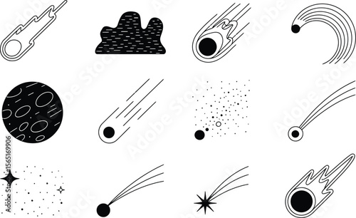 Black and White Celestial Bodies Meteors Comets Stars Space Icons