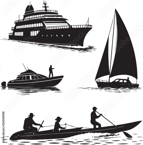 Collection of black and white silhouettes of boats cruise ship sailboat and kayak