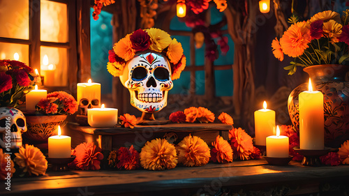 Indoor altar decorated with sugar skulls, candles, and marigolds for the Mexican Day of the Dead.