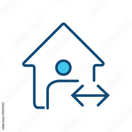 Editable stroke vector icon of a person inside a house with arrows indicating stay at home, quarantine, self-isolation, work from home, and social distancing. Perfect for medical, healthcare.