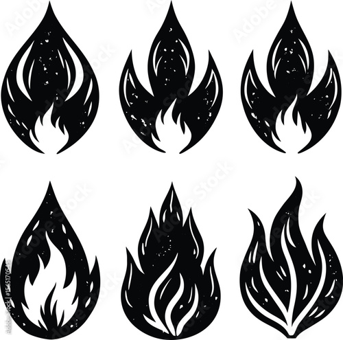 Orange and yellow danger fire flame icons set with hot burn heat elements, luminous, illustration, modern, creative, art