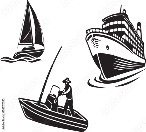 Vector illustration of sailboat fishing boat and cruise ship with black and white elements
