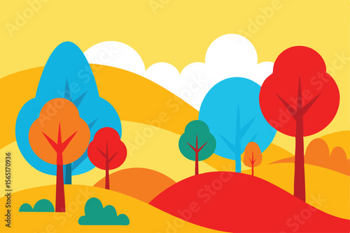 Vibrant Autumn Landscape Colorful Hills and Trees Illustration