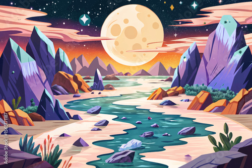 Mystical moonlit valley with shattered rocks and levitating crystals glowing under starlight cartoon ideal for fantasy game scenes, magical world-building, or concept art in creative media
