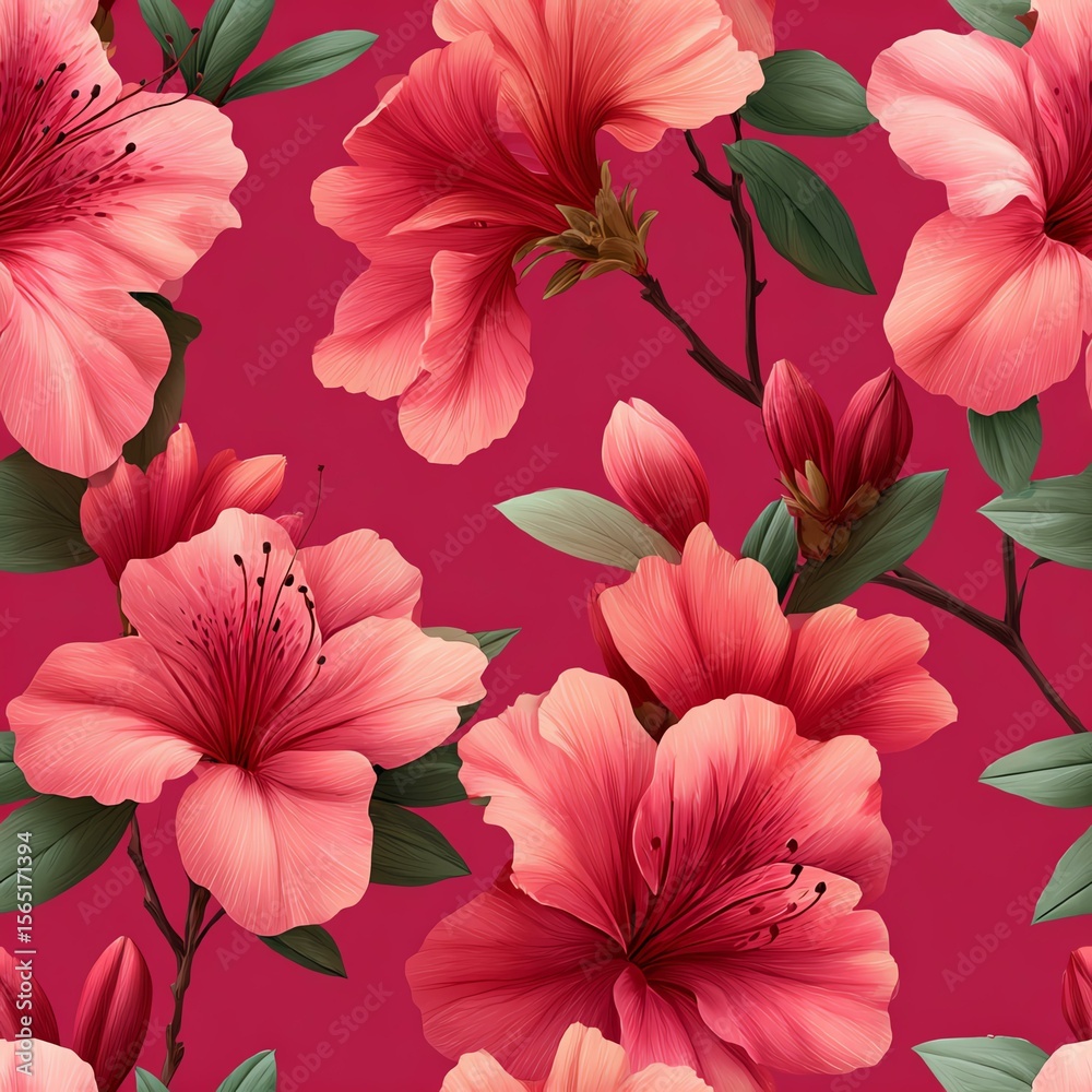 Obraz premium Vibrant Azalea Blossom: A captivating, seamless repeat pattern showcases vivid azalea blooms against a rich magenta backdrop, perfect for textiles, wallpaper, and design projects.