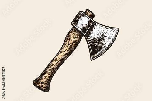Vintage Engraved Wooden Axe Illustration in Old Book Etching Style
