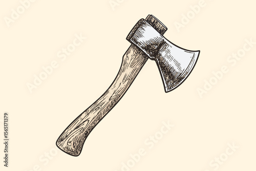 Detailed Hand-Drawn Wooden Axe Illustration with Vintage Sketch Style