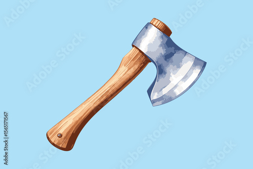 Clean Vector Axe with Wooden Handle on Soft Blue Watercolor Background