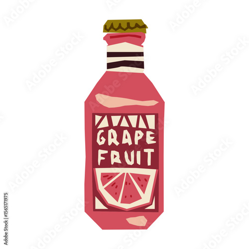 Grapefruit Juice Bottle Illustration. Flat illustration of a grapefruit juice bottle with pink label and slice. Hand-cut paper style, warm palette, isolated on white background.