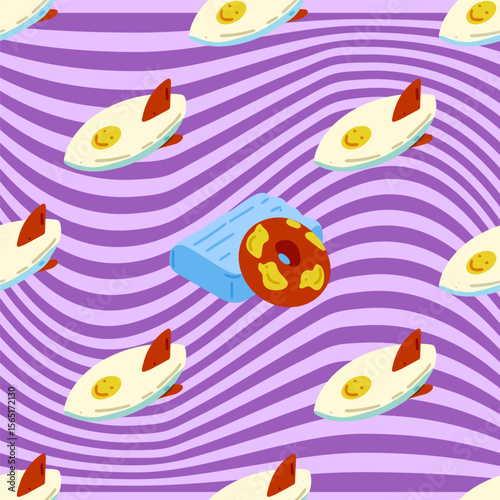 Playful Summer Beach Pattern. Seamless pattern with surfboards, inflatable ring and mattress on wavy purple background. Flat cartoon summer style.