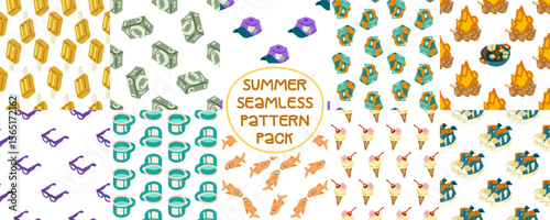 Summer Beach Travel Pattern Set. Seamless set of summer beach patterns with fruits, books, sandcastles, drinks, balls and chairs on white background. Flat cartoon fun style.