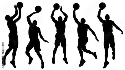Set of basketball player silhouettes in dynamic action poses including dribbling, shooting, and dunking. Black vector icons ideal for sports design, motion graphics, and athletic themes.