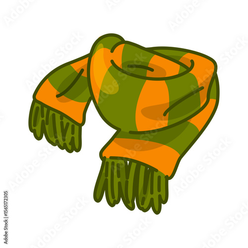 Striped Warm Winter Scarf. Cozy green and orange scarf with tassels, soft fabric, flat style illustration on clean background.