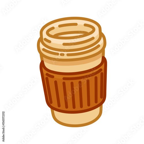 Takeaway Coffee Cup Icon. Flat style illustration of brown disposable coffee cup with lid and sleeve on clean background.