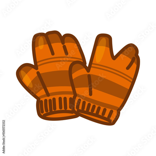 Striped Warm Winter Mittens. Cozy orange and brown striped mittens, knitted fabric, flat cartoon style illustration on clean background.
