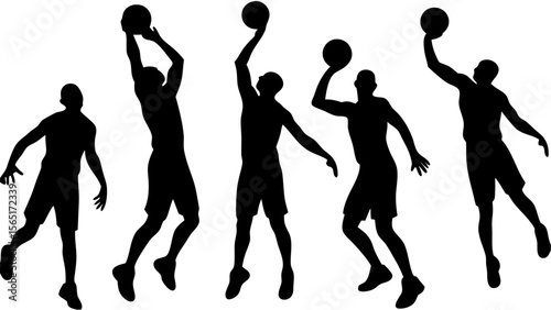 Set of basketball player silhouettes in dynamic action poses including dribbling, shooting, and dunking. Black vector icons ideal for sports design, motion graphics, and athletic themes.