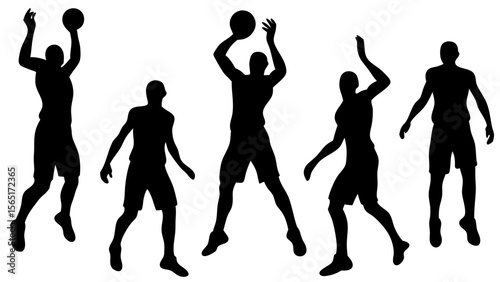 Set of basketball player silhouettes in dynamic action poses including dribbling, shooting, and dunking. Black vector icons ideal for sports design, motion graphics, and athletic themes.