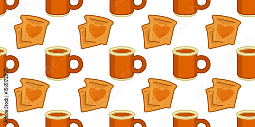 Seamless Breakfast Toast Tea Pattern. Seamless pattern with cartoon orange tea mugs and toasts with heart-shaped jam. Flat style illustration in warm colors, white background.