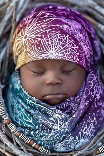 A young Native American child is securely wrapped up in a papoose