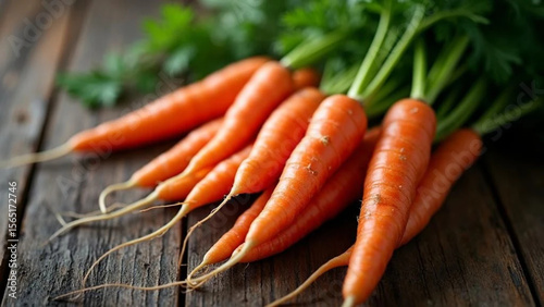 Fresh carrots on the wooden table. Close up. 